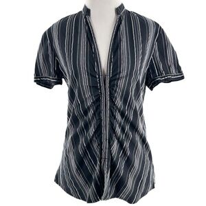 New York & Company stretch striped blouse size 10 black white ruched v-neck 90s